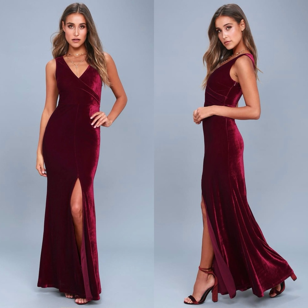 LULUS Wine Velvet Sleeveless V-Neck Mermaid Skirt Formal‎ Wedding Guest Gown XS